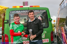 Lorcan Kilkenny winner of Round 10, being presented with his trophy from the Bike's Stations Karl Dolan